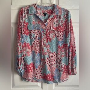 Talbots Multicolored Geo/Patchwork Print Roll-Tab Sleeve Popover Blouse Size MP